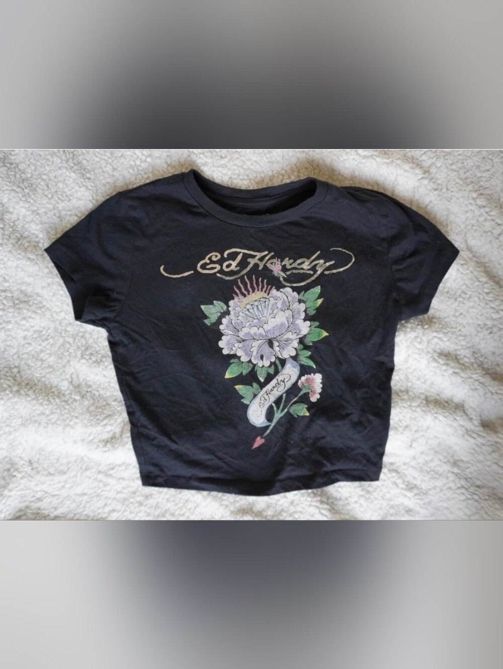 Y2K Ed Hardy Women's Black Graphic Crop Top Baby Tee Purple Peony Flower